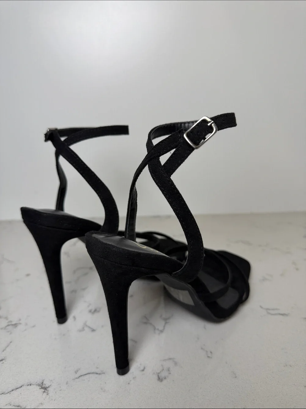 Lulu's Black Suede Strappy Ankle‑Tie High Heels